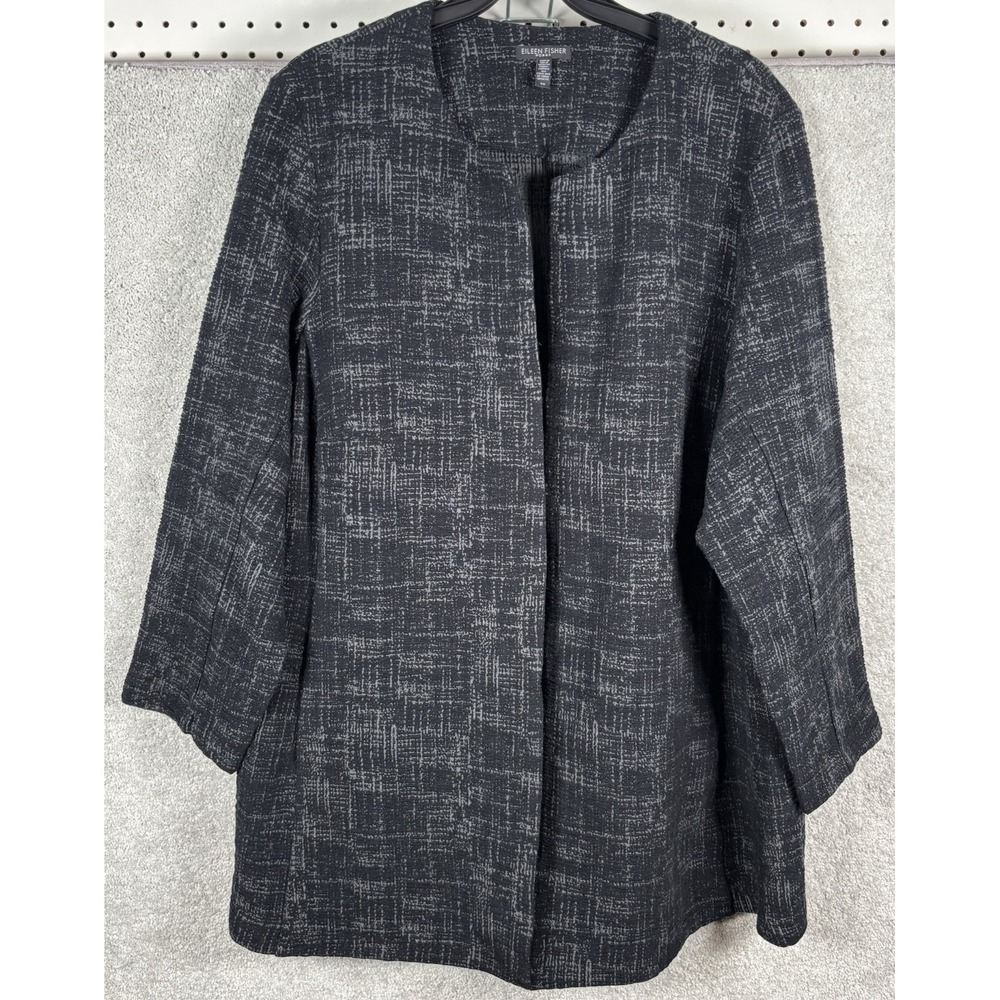Eileen Fisher Jacket Blazer Stretch Textered Long Plus Woman 3X Black Cotton